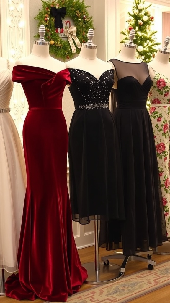 Elegant Christmas dresses for women displayed in a festive setting.